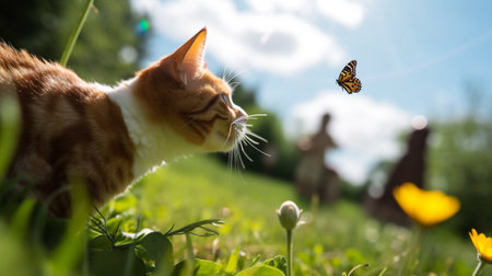 A domestic yellow house cat playing with the butterfly at the backyard blur nature background and sunny day.の写真素材