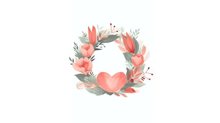 Illustration of flower with frame decoration as background. Template draft of nature circle with copy space in the center for invitation, greetings, wedding, valentine, or other love design element.の素材
