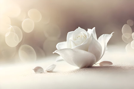 A white rose flower with soft white blur background and backdrop with copy space for text, good for product presentation and commercial or romantic couple greeting or banner.の写真素材