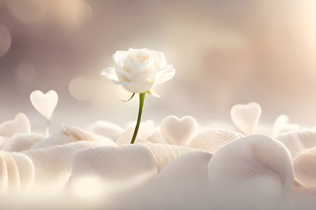 A white rose flower with soft white background and backdrop, some love element effect with copy space for text, good for product presentation and commercial or romantic couple greeting or banner.の写真素材