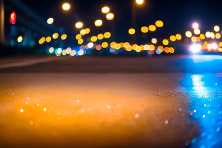 Blur or bokeh abstract lot of lighting at night city landscape background. Out of focus dreamy in the middle of the street at the road surface busy night life.の写真素材