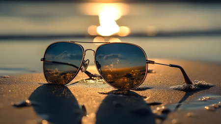 Black reflective lens man or woman aviator style fashionable attractive elegance sun glasses at the beach, lost and found concept, missing person concept, drown concept, vacation or luxury concept.の写真素材
