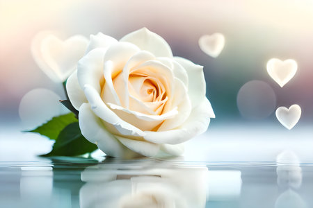 A white rose flower with soft white background and backdrop, some love element effect with copy space for text, good for product presentation and commercial or romantic couple greeting or banner.の写真素材