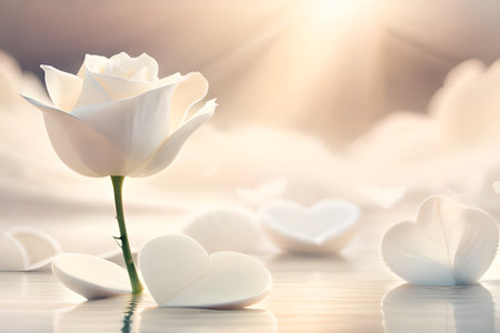 A white rose flower with soft white background and backdrop, some love element with copy space for text, good for product presentation and commercial or romantic couple greeting or banner.の写真素材