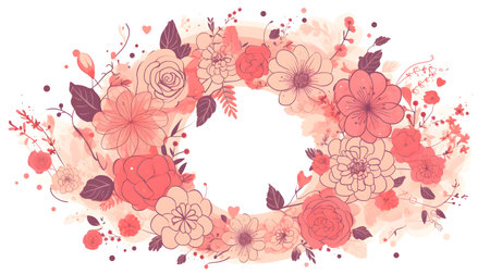 Illustration of flower with frame decoration as background. Template draft of nature circle with copy space in the center for invitation, greetings, wedding, valentine, or other love design element.の素材
