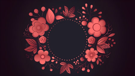 Illustration of flower with frame decoration as background. Template draft of nature circle with copy space in the center for invitation, greetings, wedding, valentine, or other love design element.の素材