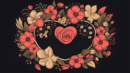 Illustration of flower with frame decoration as background. Template draft of nature circle with copy space in the center for invitation, greetings, wedding, valentine, or other love design element.の素材