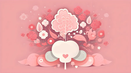 Illustration of flower with frame decoration as background. Template draft of nature circle with copy space in the center for invitation, greetings, wedding, valentine, or other love design element.の素材