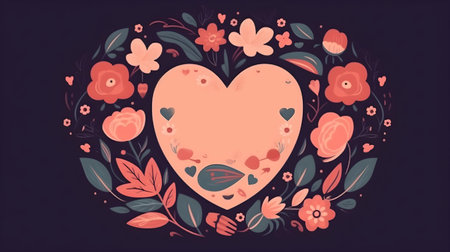 Illustration of flower with frame decoration as background. Template draft of nature circle with copy space in the center for invitation, greetings, wedding, valentine, or other love design element.の素材
