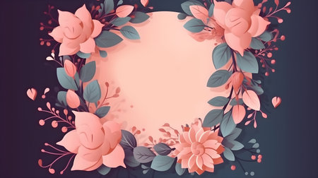 Illustration of flower with frame decoration as background. Template draft of nature circle with copy space in the center for invitation, greetings, wedding, valentine, or other love design element.の素材