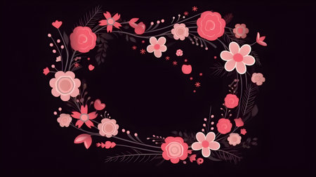 Illustration of flower with frame decoration as background. Template draft of nature circle with copy space in the center for invitation, greetings, wedding, valentine, or other love design element.の素材