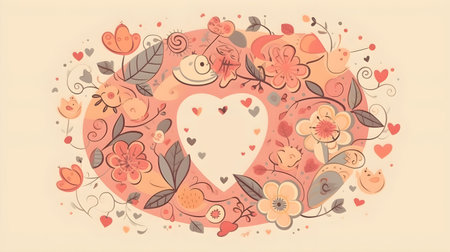 Illustration of flower with frame decoration as background. Template draft of nature circle with copy space in the center for invitation, greetings, wedding, valentine, or other love design element.の素材