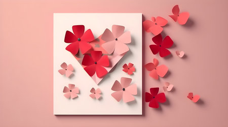 Illustration of beautiful flower paper decoration and a card as background and backdrop good for invitation, greetings, wedding, valentine, or other romantic love design element.の素材