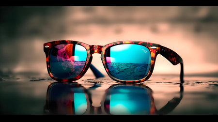 Fancy trendy modest fire color blue reflective lens man or woman fashionable attractive sun glasses at the beach, lost and found concept, missing person concept, drown, vacation or luxury concept.の写真素材