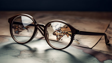 Classic brown color transparent lens man or woman fashionable attractive reading glasses and a maps of africa.の写真素材