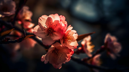 Beautiful close up a branch of pink cherry blossom flowers or Sakura flowers at the tree blurry...