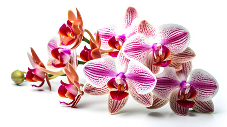 Close up studio shot of group white purple Moth orchid flowers isolated on white background.