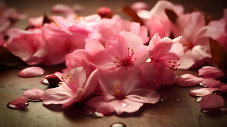 Beautiful close up pink cherry blossom flowers or Sakura flowers at the table with some water droplet.の写真素材