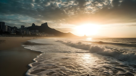Vibrant orange sunset landscape of the sea beach and clear sky golden hour evening, beautiful city...