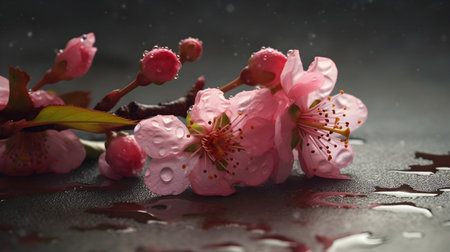 Beautiful close up a branch of pink cherry blossom flowers or Sakura flowers laying down with some...