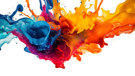 Abstract liquid color explosion colorful artistic yellow blue purple red orange splashing splatter in the air white background.の写真素材