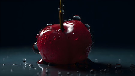 Macro shot close up perfect shiny group of red berries with some water drops on dark environment...