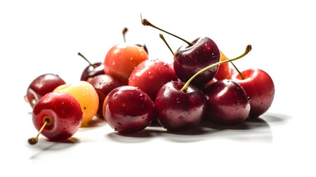 Macro shot close up perfect shiny group of ripe red berries with some water drops isolated on white background.の写真素材