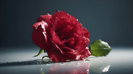 Beautiful wet red rose flower with some leaves and water droplet looks fresh laying on the studio set reflective black background.の写真素材