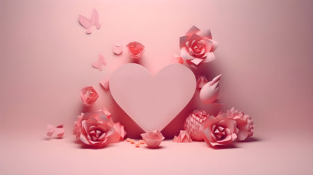 Pink template copy space heart shape or love shape and flower ornament design element background. Valentines day, birthday, wedding anniversary, present or special romantic couple greetings.の写真素材