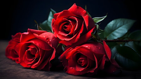 Beautiful four red rose flower stack together with some leaves and water droplet looks fresh laying on the studio set black background.の写真素材