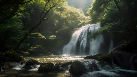 Landscape of beautiful misty waterfall hidden in the deep jungle and river flow shading between the tall tree at the nature.の写真素材