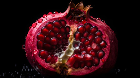 Sliced of red pomegranate or Punica granatum fruit with water drops isolated on black background.の写真素材
