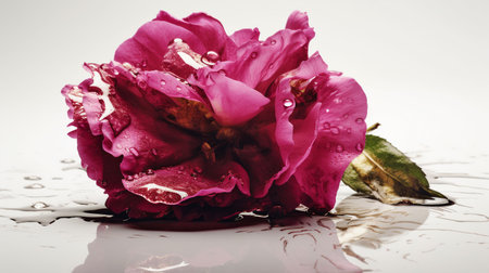 Beautiful wet purple rose flower with some leaves and water droplet looks fresh laying on the studio set reflective white background.の写真素材