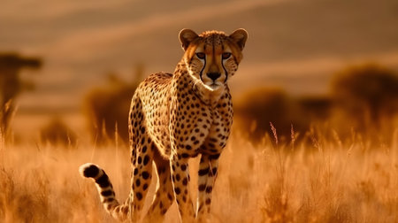 Ferocious carnivore leopard walking and hunting at the savannah desert background.の素材