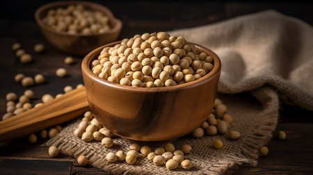 A wooden bowl of soya beans or soybean wooden background studio presentation.の素材
