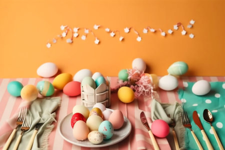 Happy Easter Day background and backdrop, cute bunny rabbit, ornament, and colorful egg, copy space greeting and backdrop, banner, rustic vintage design material. Celebrate Easter.の素材