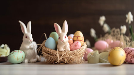 Happy Easter Day background and backdrop, cute bunny rabbit, ornament, and colorful egg, copy space greeting and backdrop, banner, rustic vintage design material. Celebrate Easter.の素材