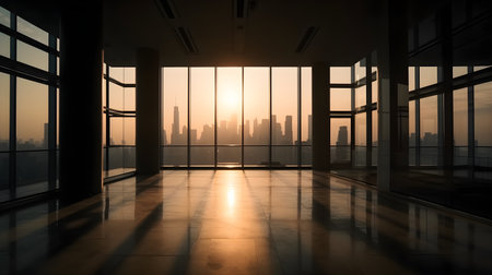 Large empty open space office or apartment loft high rise building with glass window surround it with city view beautiful evening city sunset.の写真素材