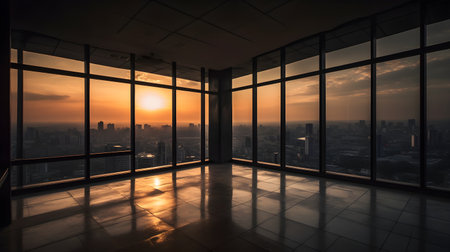 Large empty open space office or apartment loft high rise building with glass window surround it with city view beautiful evening city sunset.の写真素材