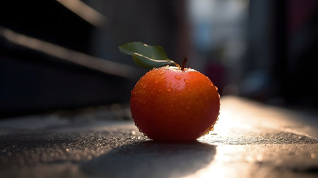 A perfect wet orange fruit on the ground city view or downtown view look fresh, a concept for...
