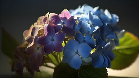 Beautiful close up shot of blue purple French hydrangea flower and some leaf studio shot.の写真素材