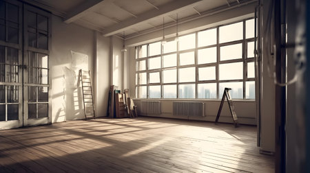 Large empty open space office or apartment loft or studio with some glass window view beautiful day light city sunset. Construction or renovation concept.の写真素材