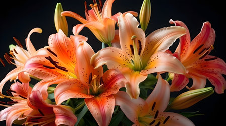 Macro close up shot wet soft pink Tiger Lily flower looks fresh isolated on black background.の写真素材