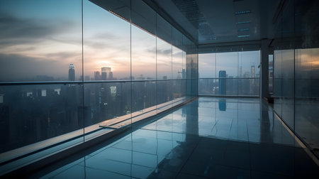 Large empty open space office or apartment loft high rise building with glass window surround it with city view beautiful evening city sunset.の写真素材