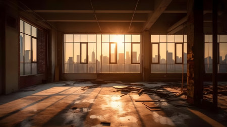 Large empty open space abandoned office or apartment loft or studio with some glass window view beautiful evening city sunset. Construction or renovation concept.の写真素材