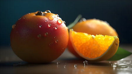 Two wet orange fruit and a leaf with a slice cut of orange fruit look fresh.