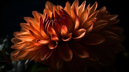 Macro close up shot of beautiful orange dahlia flower head on black background.