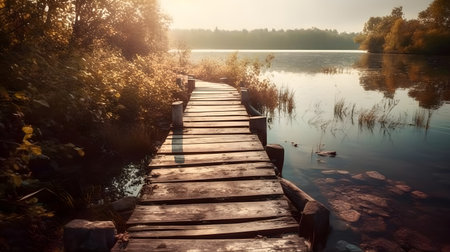 A walk way wooden pier bridge in the side lake for crossing or fishing nature view in the evening.の写真素材