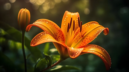Macro close up shot of orange wet orange lily flower and some water drops look fresh on nature background.の写真素材