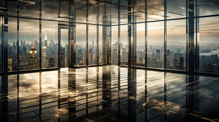 Large empty open space office or apartment loft high rise building with glass window surround it with city view beautiful evening city sunset.の写真素材